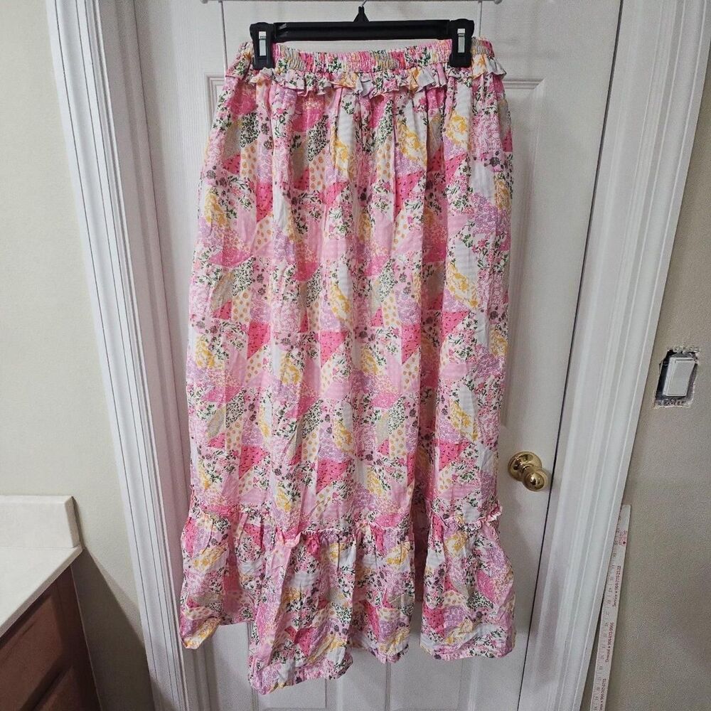 Simply Southern Collection Floral Patchwork Ruffle Maxi Skirt Size L